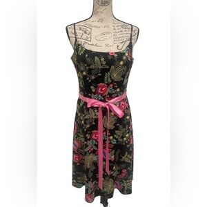 Jessica Howard Black Floral Gold Print Spaghetti Strap Dress Pink Ribbon Size 10